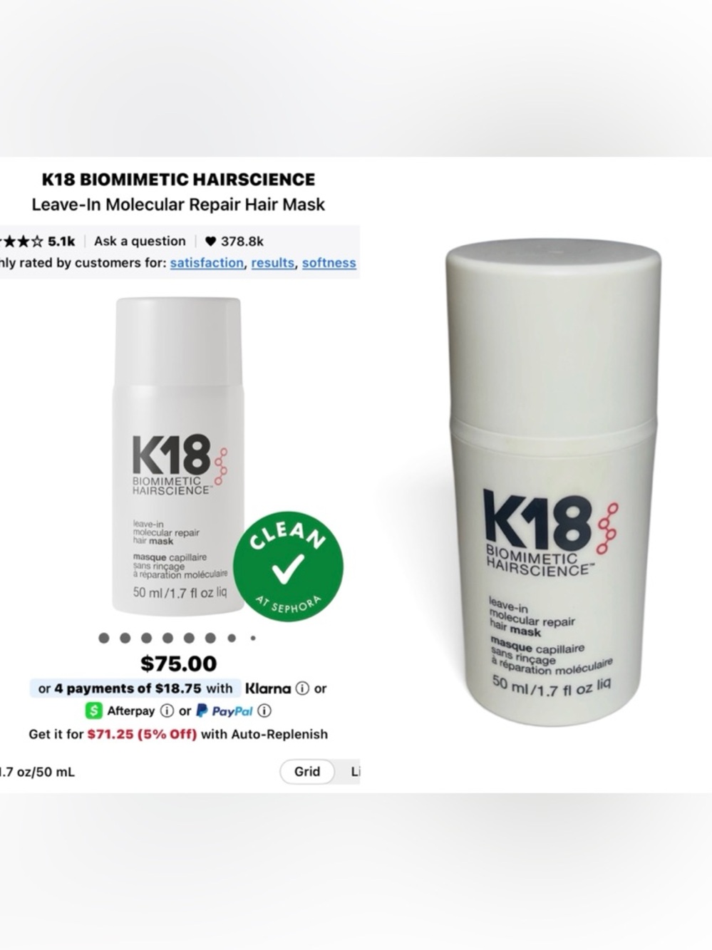 K18 Biomimetic Hairsicence Leave-In Molecular Repair Hair Mask - White